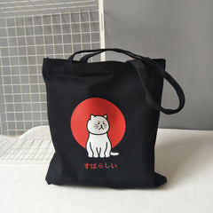 Large Women's Shopper Bag Canvas Tote Korean Shoulder Bags Cat Shopping Bag with Print Black Cloth Handbags Eco Friendly