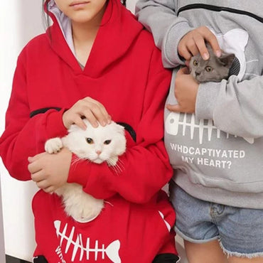 Women Hoodie Sweatshirt With Cat Pet Pocket Design Long Sleeve Sweater Cat Outfit - One Red Hill