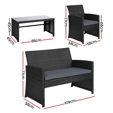 Gardeon 4 PCS Outdoor Sofa Set Rattan Chair Table Setting Garden Furniture Black - One Red Hill