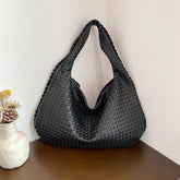 Elegant Woven PU Leather Hobo Bag - Soft Shoulder Tote 47*32cm (Black)