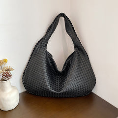 Elegant Woven PU Leather Hobo Bag - Soft Shoulder Tote 47*32cm (Black)