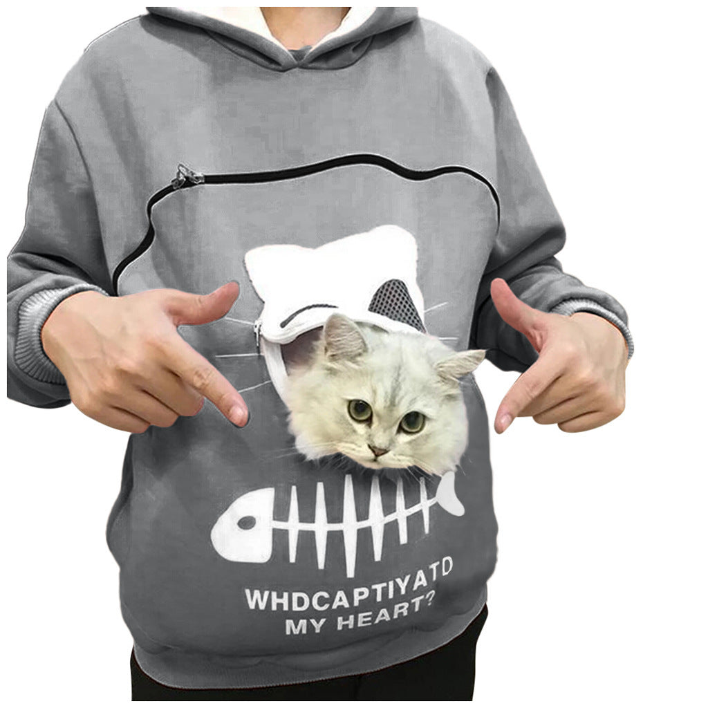Women Hoodie Sweatshirt With Cat Pet Pocket Design Long Sleeve Sweater Cat Outfit - One Red Hill