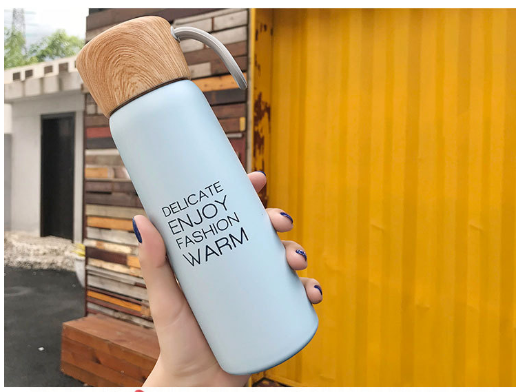 Portable Water Cup Student Creative Wood Grain Lid Handle Thermos - One Red Hill