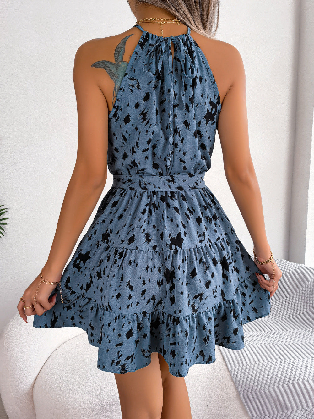 Casual Leopard Print Ruffled Swing Dress Summer Fashion Beach Dresses 