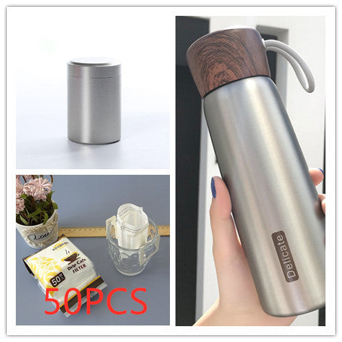Portable Water Cup Student Creative Wood Grain Lid Handle Thermos