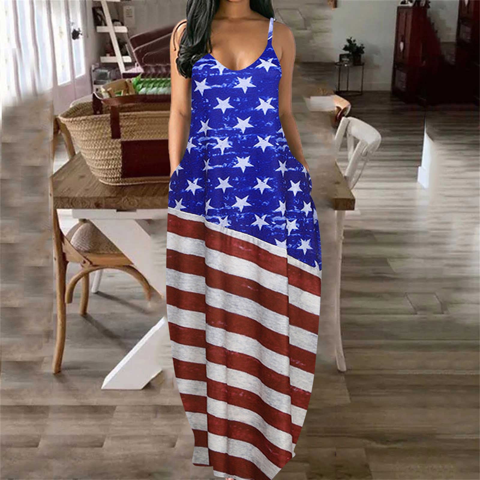 Ladies' Independence Day Deep V Sling Print Dress - One Red Hill