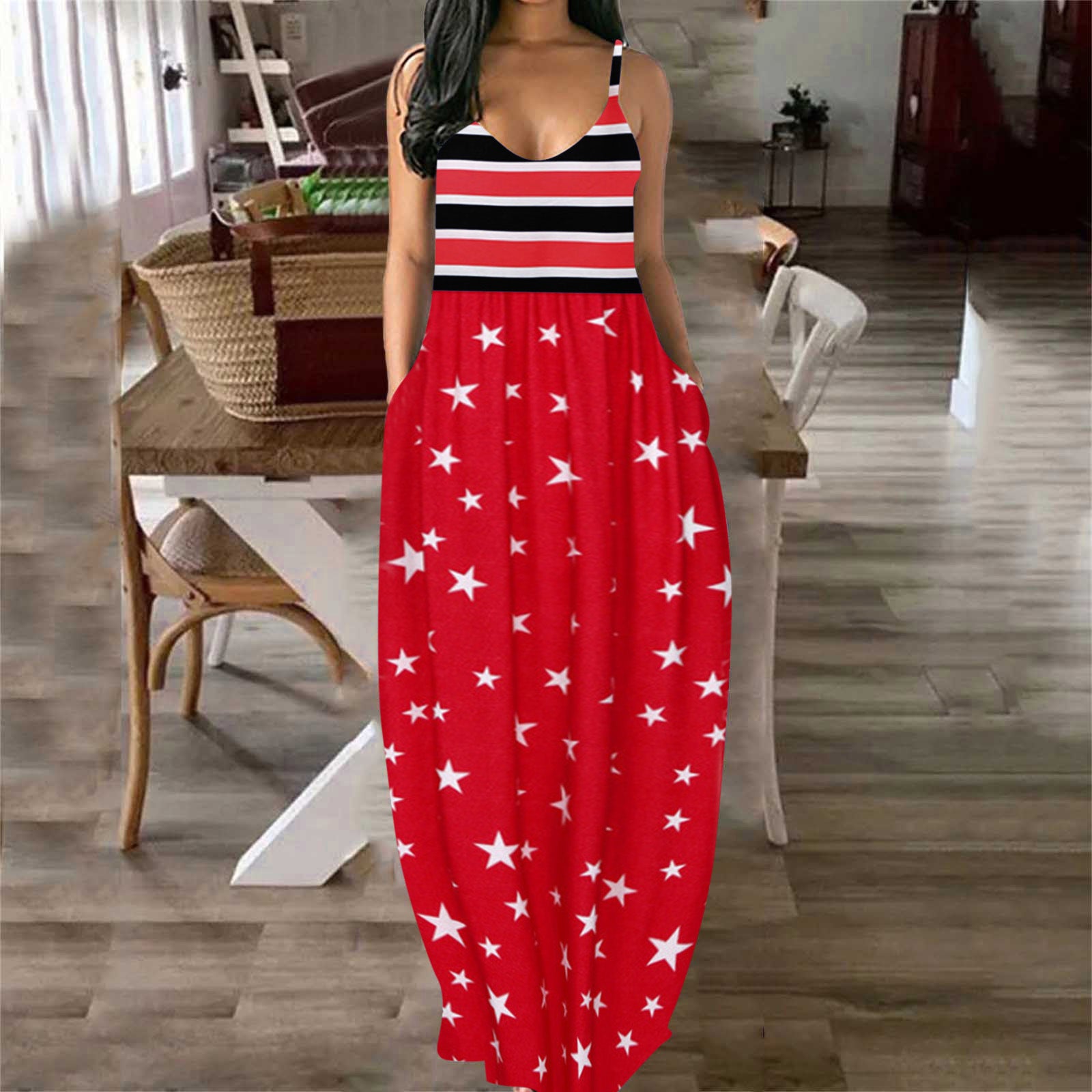 Ladies' Independence Day Deep V Sling Print Dress - One Red Hill