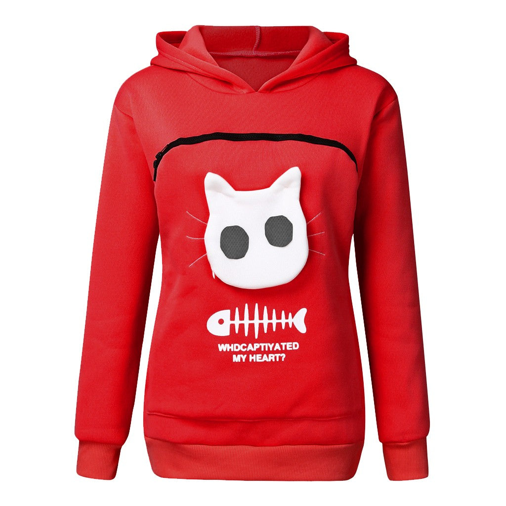 Women Hoodie Sweatshirt With Cat Pet Pocket Design Long Sleeve Sweater Cat Outfit - One Red Hill