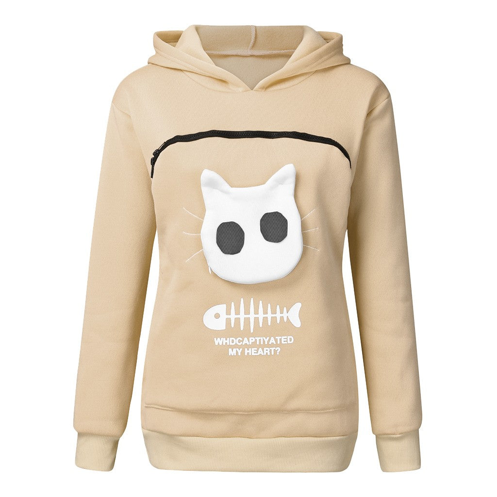 Women Hoodie Sweatshirt With Cat Pet Pocket Design Long Sleeve Sweater Cat Outfit - One Red Hill