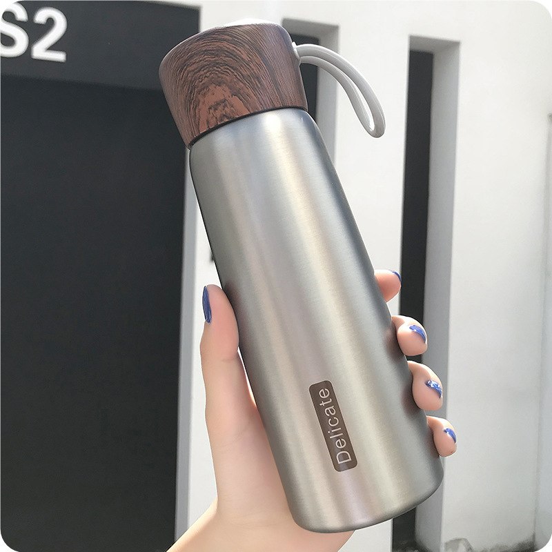 Portable Water Cup Student Creative Wood Grain Lid Handle Thermos