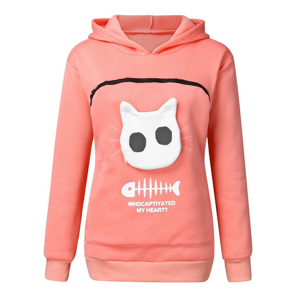Women Hoodie Sweatshirt With Cat Pet Pocket Design Long Sleeve Sweater Cat Outfit - One Red Hill