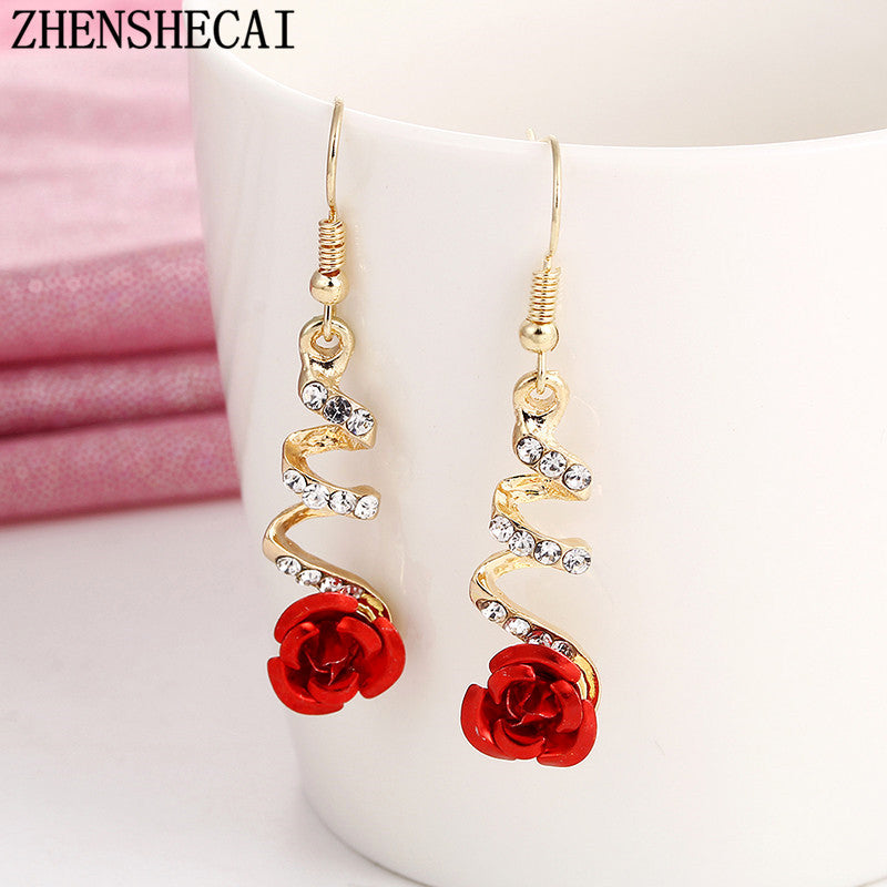 Fashion Jewelry Ethnic Red Rose Drop Earrings Big Rhinestone Earrings Vintage For Women Rose Gold Spiral Dangle Earring - One Red Hill