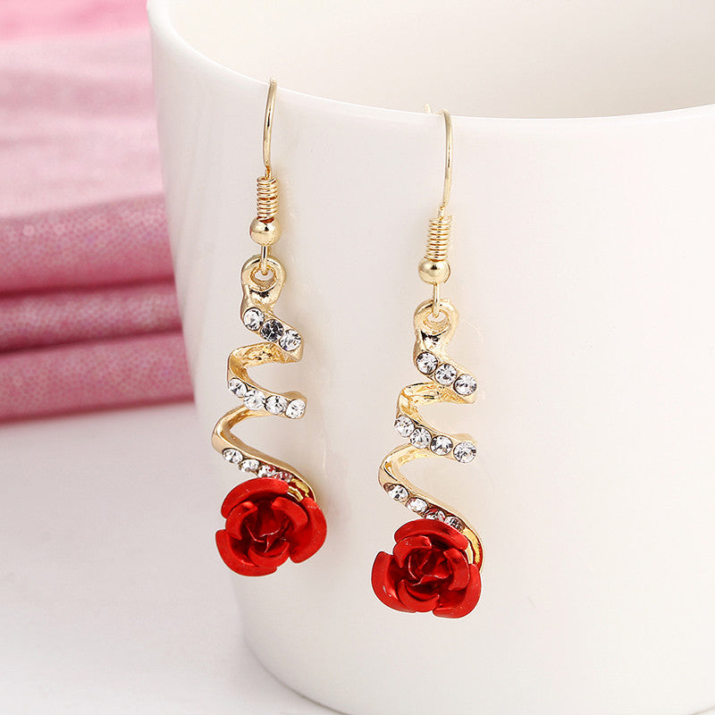 Fashion Jewelry Ethnic Red Rose Drop Earrings Big Rhinestone Earrings Vintage For Women Rose Gold Spiral Dangle Earring - One Red Hill