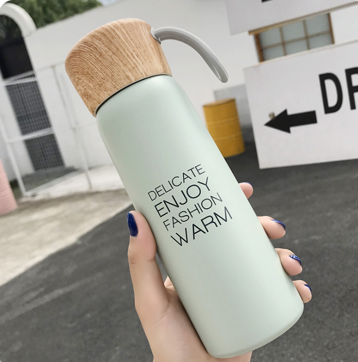 Portable Water Cup Student Creative Wood Grain Lid Handle Thermos - One Red Hill