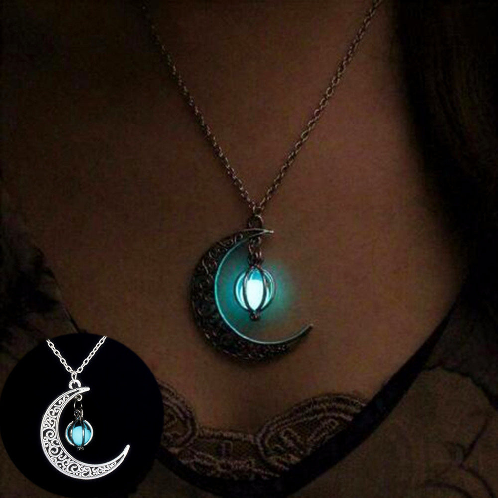 Fashion Moon Natural Glowing Stone Healing Necklace Women Gift Charm Luminous Pendant Necklace Jewelry - One Red Hill
