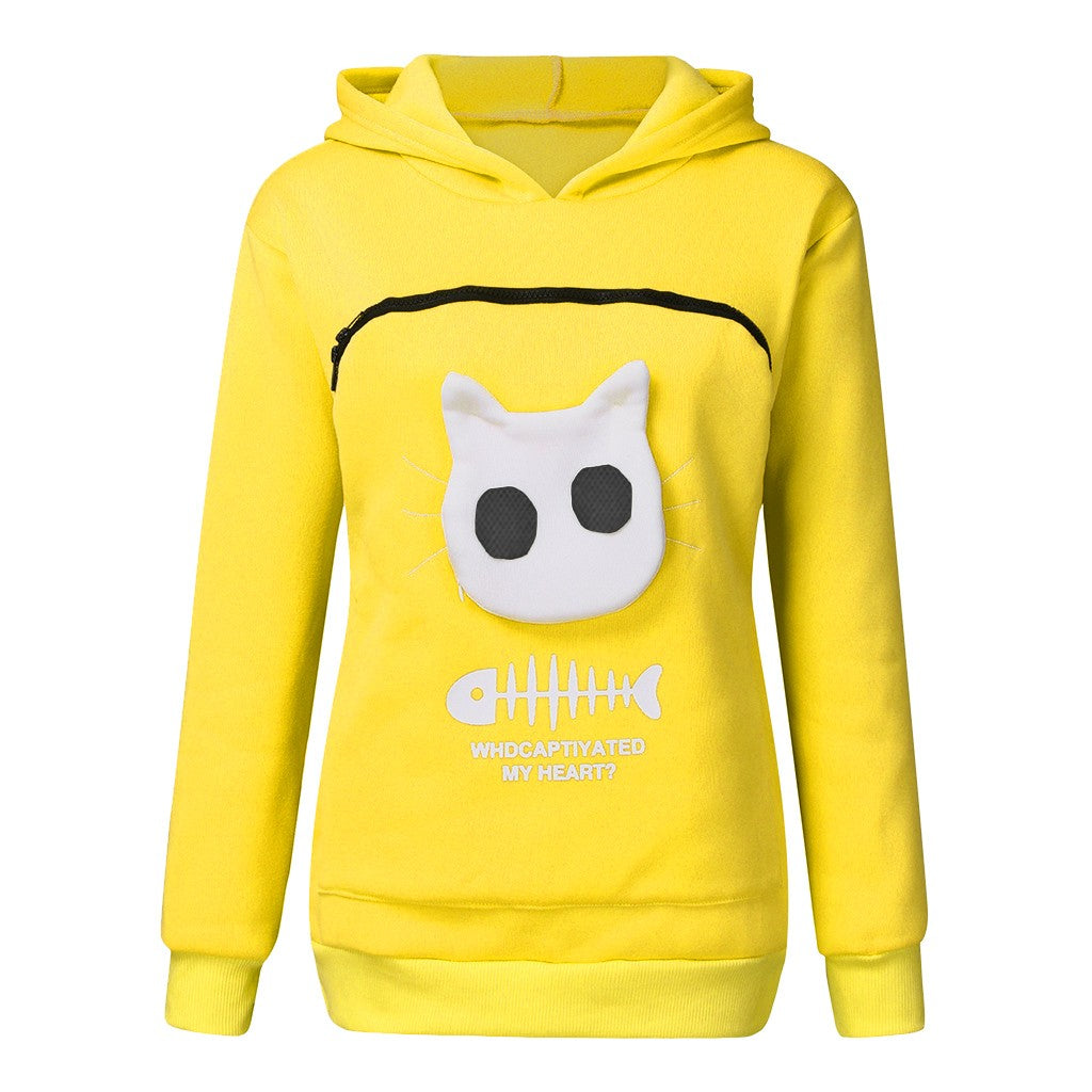 Women Hoodie Sweatshirt With Cat Pet Pocket Design Long Sleeve Sweater Cat Outfit - One Red Hill