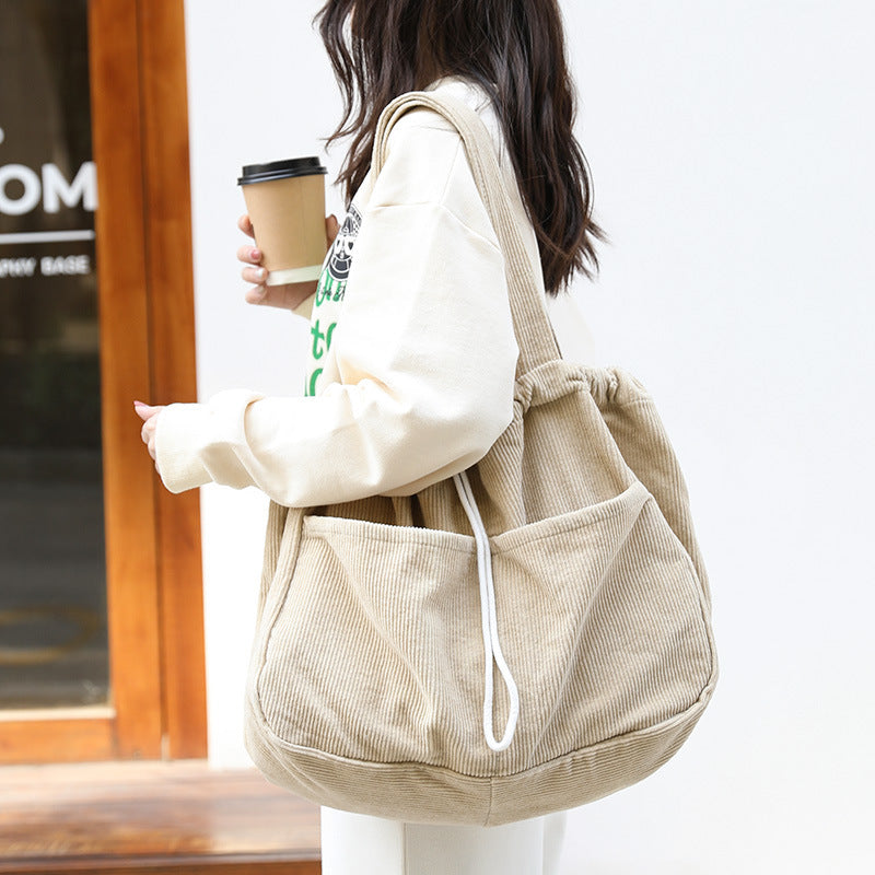 Ins Corduroy Shoulder Bags Drawstring Multi-pocket Handbag Women Underarm Bags - One Red Hill