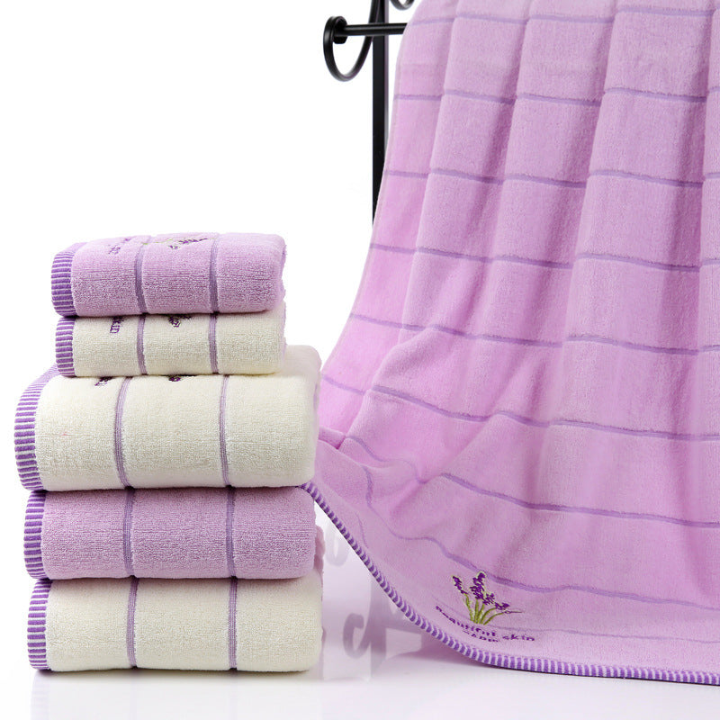 Lavender Soft Absorbent Embroidered Striped Bath Towel