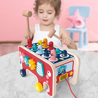 Montessori Toddlers Kids Wooden Pounding Bench Animal Bus Toys Early Educational Set Gifts For Children Toy Musical Instrument - One Red Hill