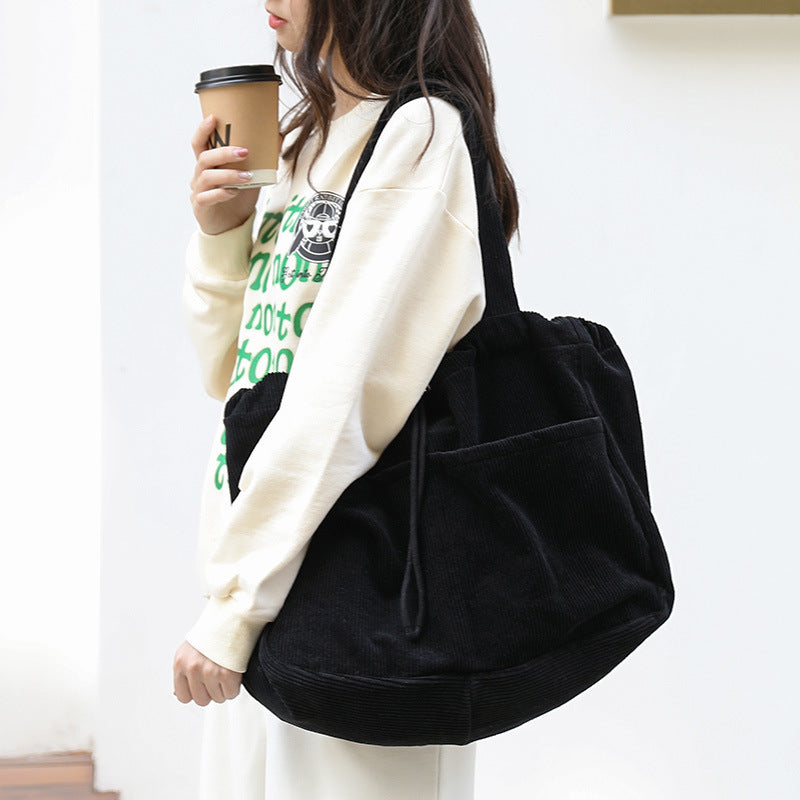 Ins Corduroy Shoulder Bags Drawstring Multi-pocket Handbag Women Underarm Bags - One Red Hill