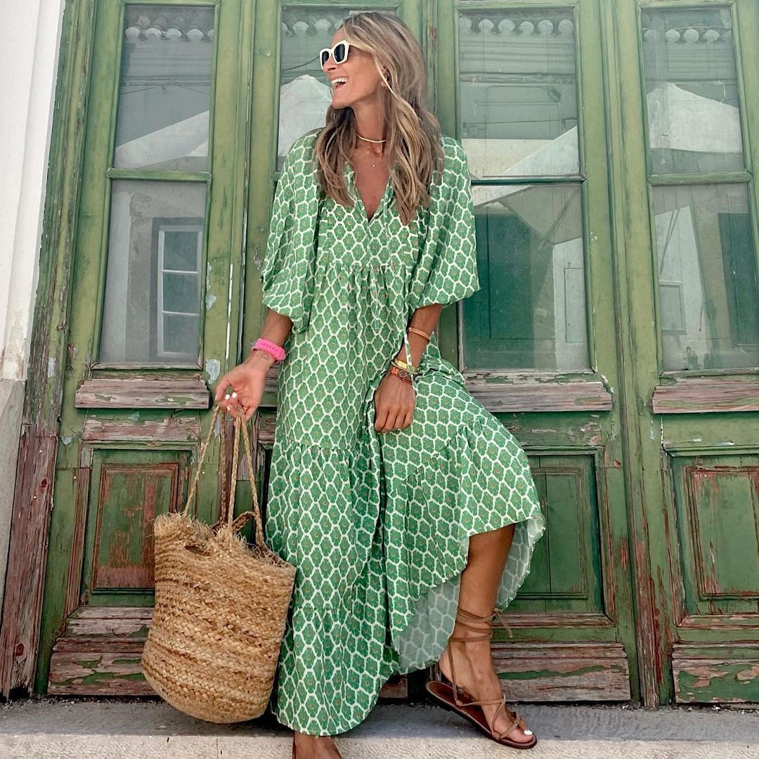 Vintage Printed Bohemian Dress Elegant Ladies Casual Loose
