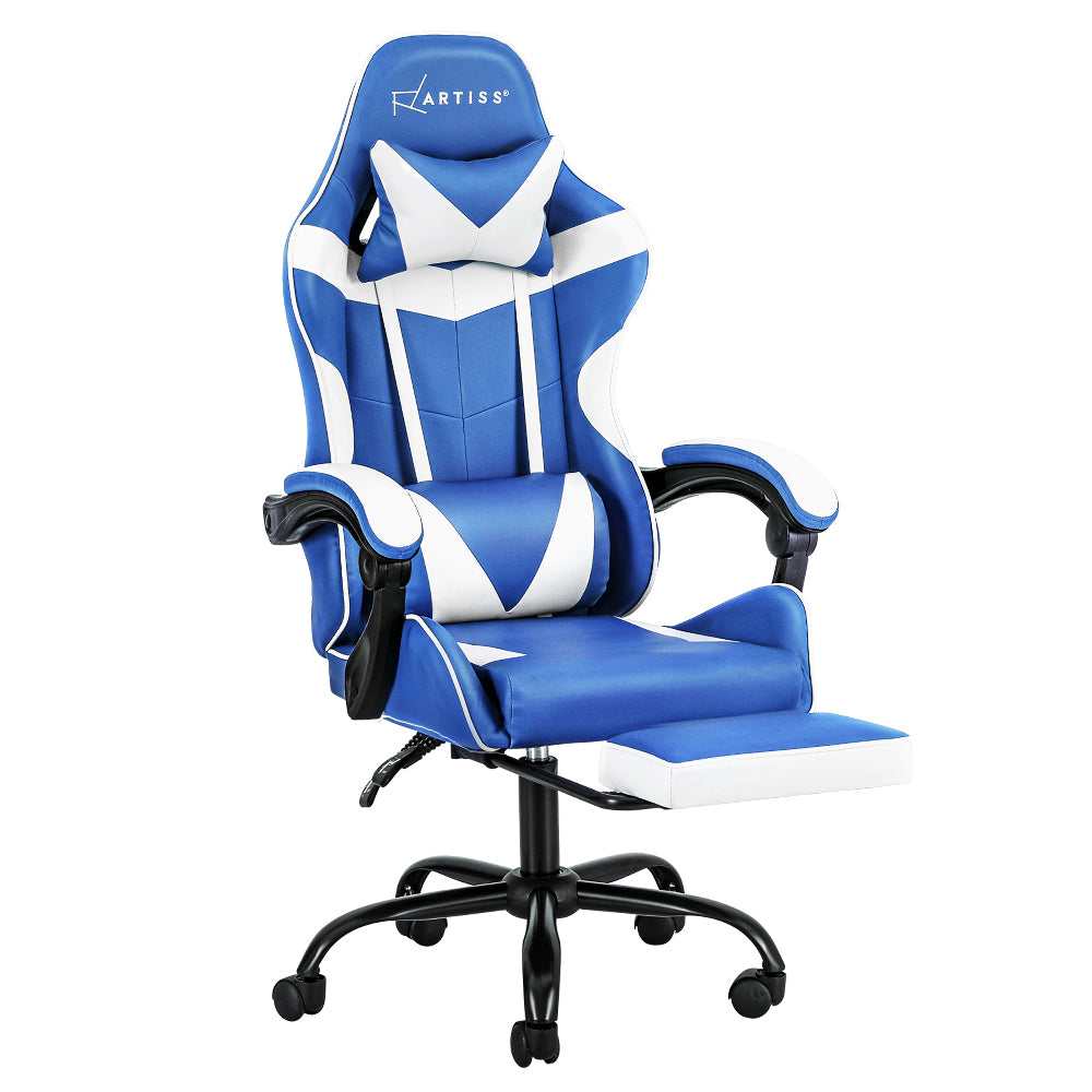 Artiss Gaming Office Chair Executive Computer Leather Chairs Footrest Blue White - One Red Hill