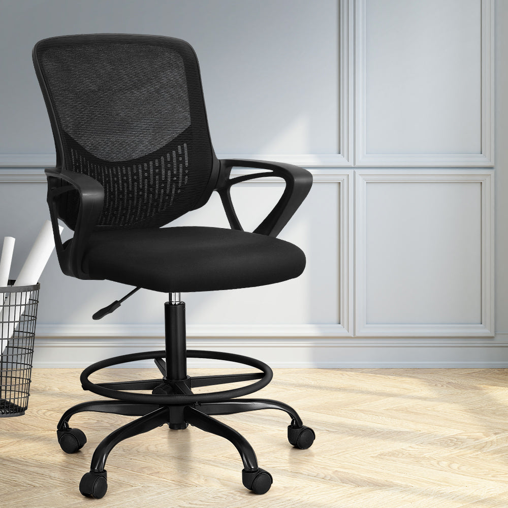 Artiss Office Chair Drafting Stool Computer Standing Desk Mesh Chairs Black - One Red Hill