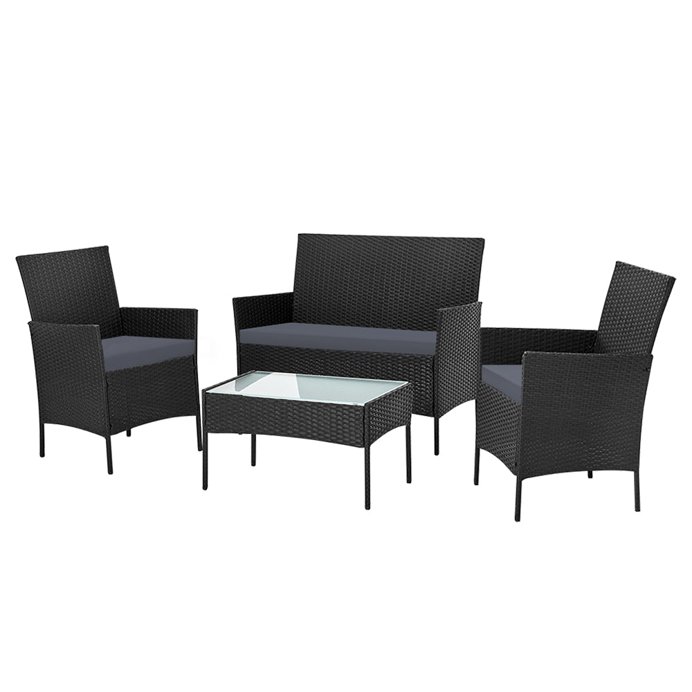 Gardeon 4 Seater Outdoor Sofa Set Wicker Setting Table Chair Furniture Black - One Red Hill