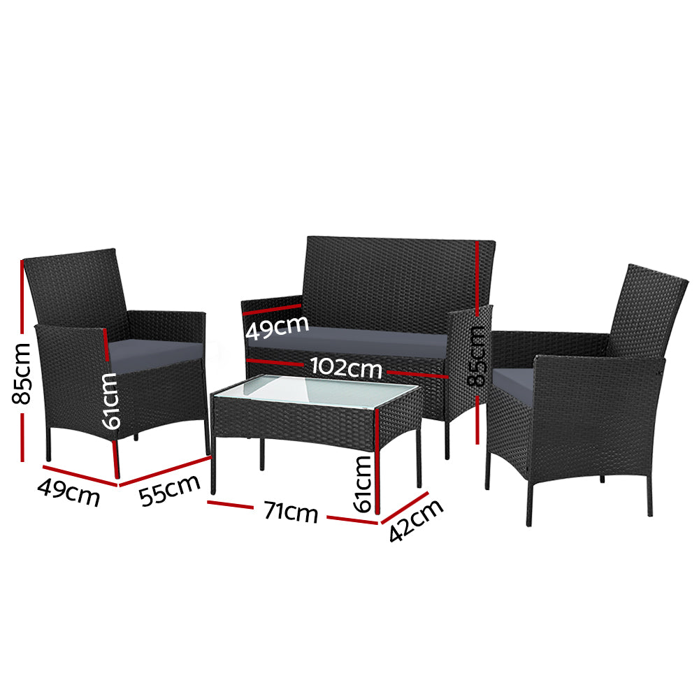 Gardeon 4 Seater Outdoor Sofa Set Wicker Setting Table Chair Furniture Black - One Red Hill