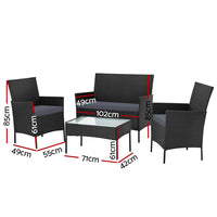 Gardeon 4 Seater Outdoor Sofa Set Wicker Setting Table Chair Furniture Black - One Red Hill