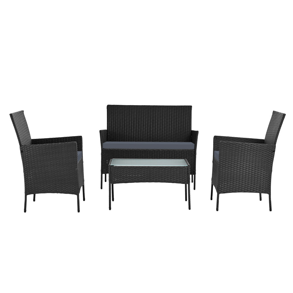 Gardeon 4 Seater Outdoor Sofa Set Wicker Setting Table Chair Furniture Black - One Red Hill
