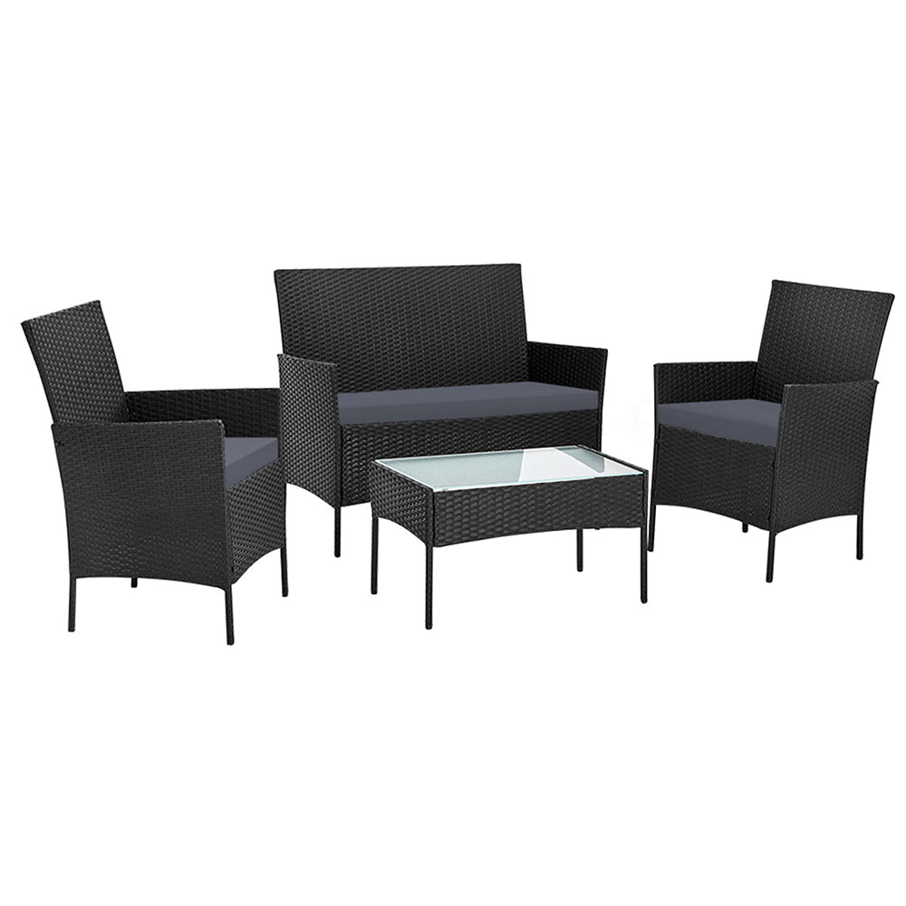 Gardeon 4 Seater Outdoor Sofa Set with Storage Cover Wicker Table Chair Black - One Red Hill