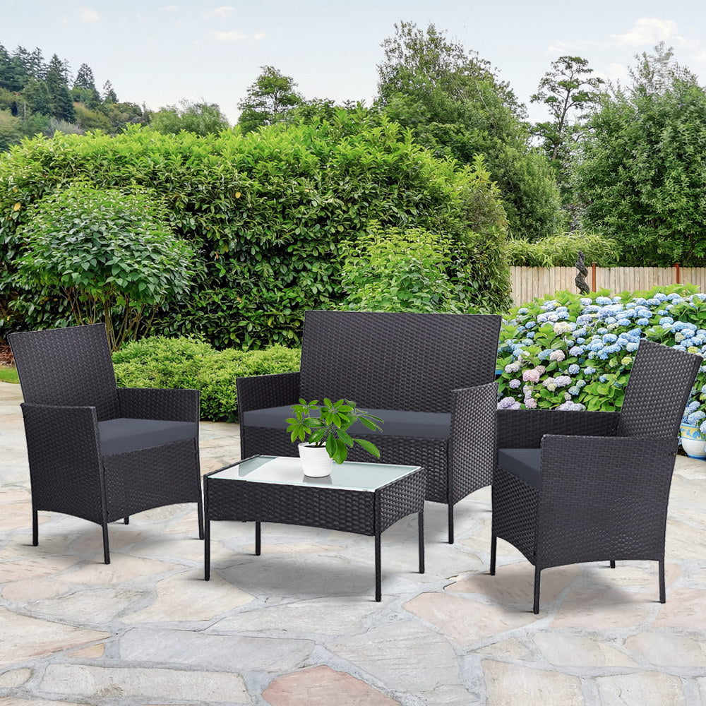 Gardeon 4 Seater Outdoor Sofa Set with Storage Cover Wicker Table Chair Dark Grey - One Red Hill