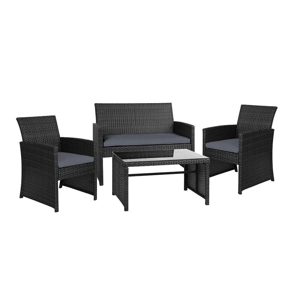 Gardeon 4 PCS Outdoor Sofa Set Rattan Chair Table Setting Garden Furniture Black - One Red Hill
