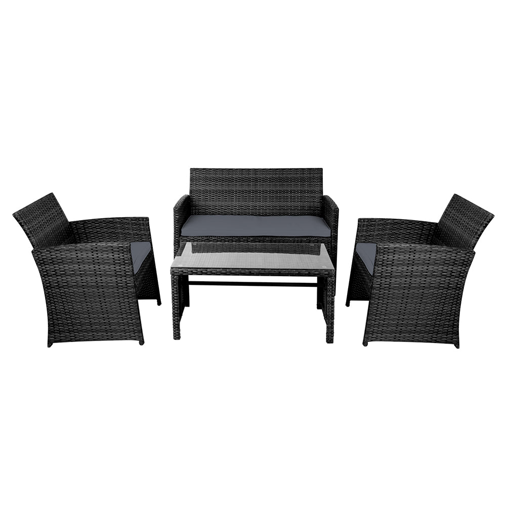 Gardeon 4 PCS Outdoor Sofa Set Rattan Chair Table Setting Garden Furniture Black - One Red Hill