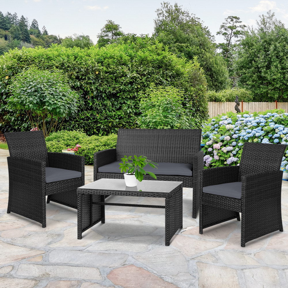 Gardeon 4 PCS Outdoor Sofa Set Rattan Chair Table Setting Garden Furniture Black - One Red Hill