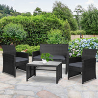 Gardeon 4 PCS Outdoor Sofa Set Rattan Chair Table Setting Garden Furniture Black - One Red Hill