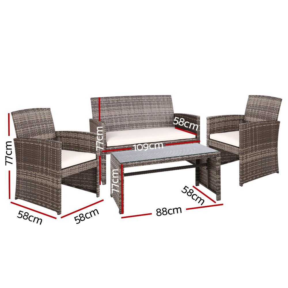 Gardeon 4 PCS Outdoor Sofa Set Rattan Chair Table Setting Garden Furniture Grey - One Red Hill