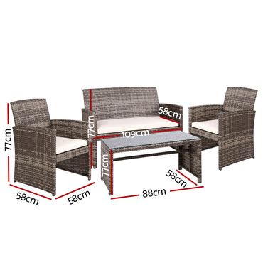 Gardeon 4 PCS Outdoor Sofa Set Rattan Chair Table Setting Garden Furniture Grey - One Red Hill