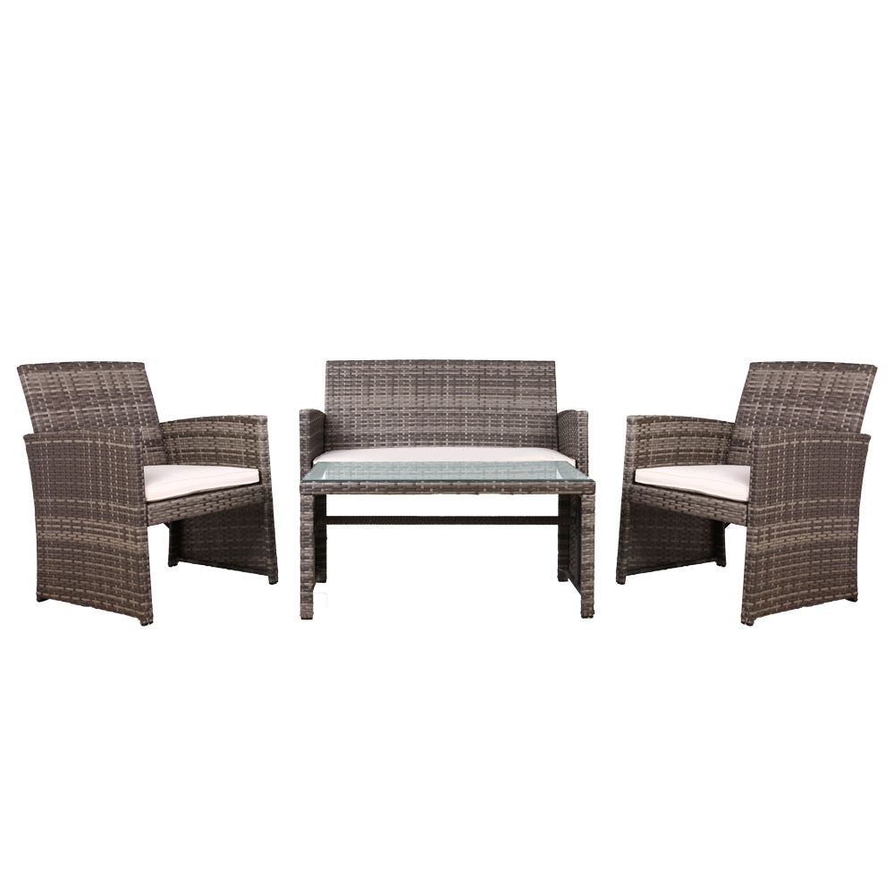 Gardeon 4 PCS Outdoor Sofa Set Rattan Chair Table Setting Garden Furniture Grey - One Red Hill