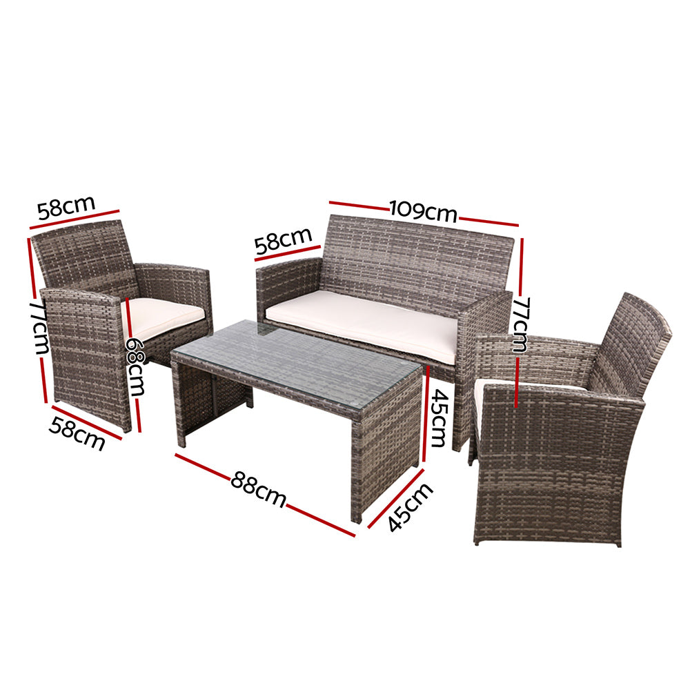 Gardeon 4 PCS Outdoor Sofa Set with Storage Cover Rattan Chair Furniture Grey - One Red Hill