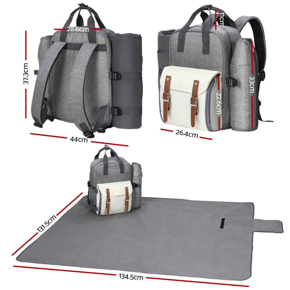 Alfresco 4 Person Picnic Basket Set Backpack Bag Insulated Grey - One Red Hill