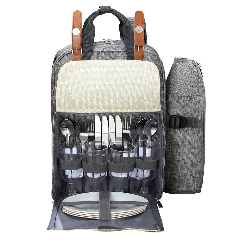 Alfresco 4 Person Picnic Basket Set Backpack Bag Insulated Grey - One Red Hill