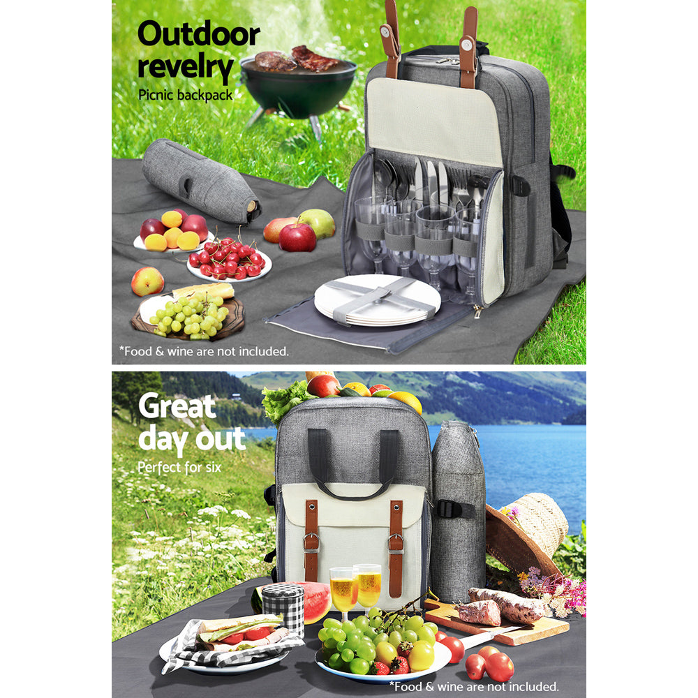 Alfresco 4 Person Picnic Basket Set Backpack Bag Insulated Grey - One Red Hill