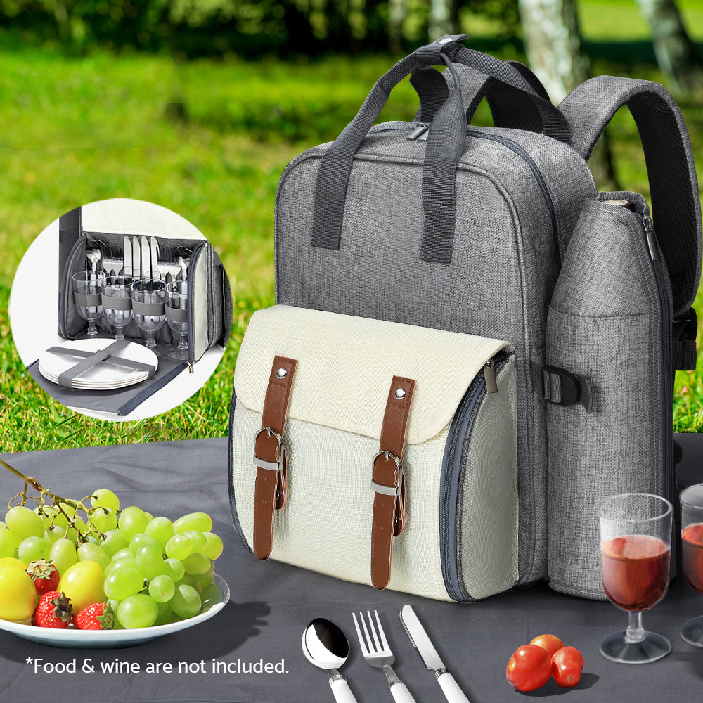Alfresco 4 Person Picnic Basket Set Backpack Bag Insulated Grey - One Red Hill