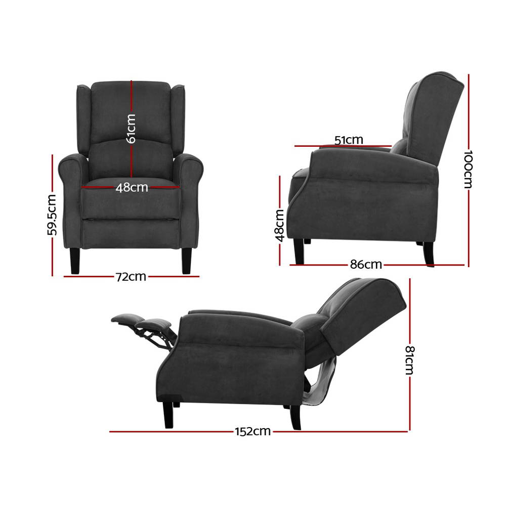 Artiss Recliner Chair Adjustable Sofa Lounge Soft Suede Armchair Couch Charcoal - One Red Hill