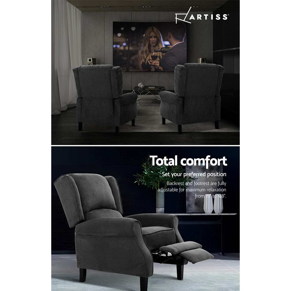 Artiss Recliner Chair Adjustable Sofa Lounge Soft Suede Armchair Couch Charcoal - One Red Hill