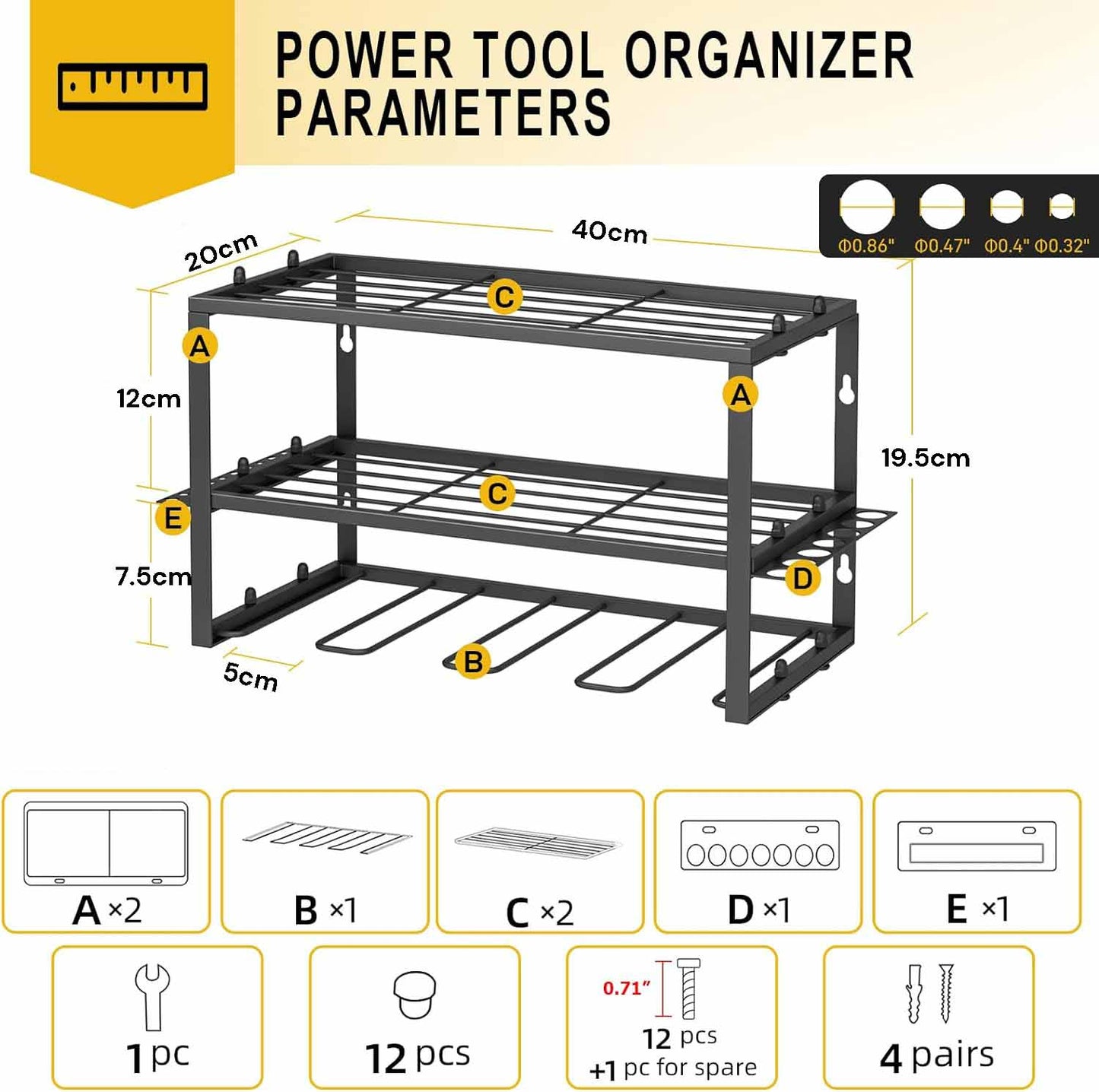 40cm Power Tool Organizer 4 Layers Garage Tool Storage Rack Workshop Tool Shelf Drill Pliers Hammer Rack - One Red Hill
