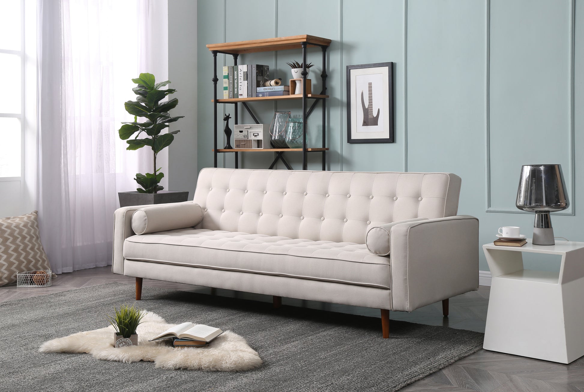 Sofa Bed 3 Seater Button Tufted Lounge Set for Living Room Couch in Fabric Beige Colour - One Red Hill