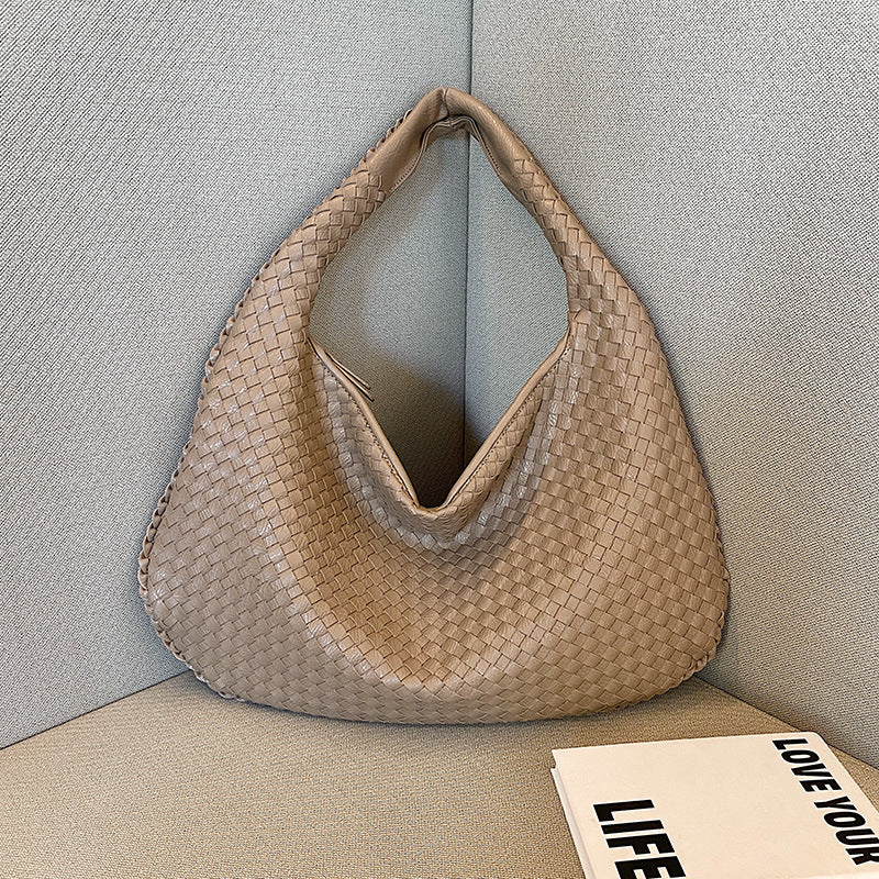 Elegant Woven PU Leather Hobo Bag - Soft Shoulder Tote 47*32cm (khaki)